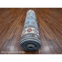 Load image into Gallery viewer, 2&#39;7&quot;x19&#39;6&quot; Dodger Blue With Winter White, Afghan Super Kazak With Soft And Shiny Wool, Colorful And Vibrant Geometric Design, Hand Knotted Xl Runner Oriental Rug FWR537828