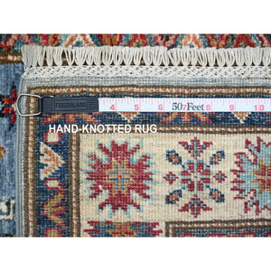 2'7"x19'6" Dodger Blue With Winter White, Afghan Super Kazak With Soft And Shiny Wool, Colorful And Vibrant Geometric Design, Hand Knotted Xl Runner Oriental Rug FWR537828