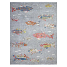 Load image into Gallery viewer, 8&#39;10&quot;x11&#39;9&quot; Window Gray, 100% Wool, Borderless Oceanic Colorful Fish Design, Natural Dyes, Denser Weave Afghan Peshawar, Hand Knotted Oriental Rug FWR537948