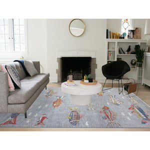8'10"x11'9" Window Gray, 100% Wool, Borderless Oceanic Colorful Fish Design, Natural Dyes, Denser Weave Afghan Peshawar, Hand Knotted Oriental Rug FWR537948