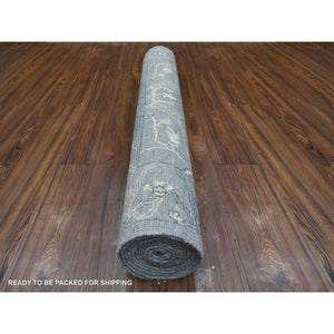 4'1"x11'1" Lava Gray, Wool Weft, Afghan Wide Runner, Hand Knotted, Vegetable Dyes, Angora Oushak, Rural Leaf And Flower All Over Design, Oriental Rug FWR538038