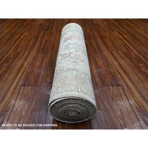 2'8"x19'2" Platinum White, Afghan Angora Oushak, Hand Knotted, Wool Weft, Natural Dyes, Village Motifs All Over Design, Oversized Runner Oriental Rug FWR538062