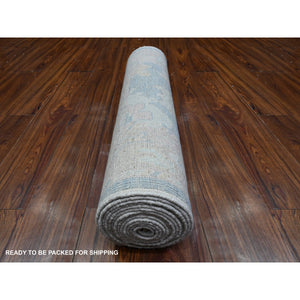 2'9"x15'4" Riviera Blue, Hand Knotted Village Floral Medallions All Over Design, Afghan Angora Oushak, Vegetable Dyes, Wool Weft, Xl Runner Oriental Rug FWR538086