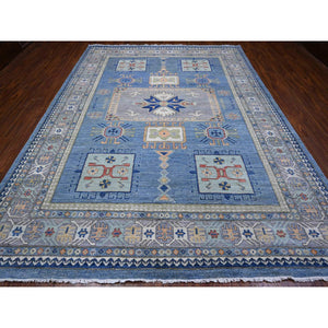 9'x12' Turquoise Blue, Soft and Shiny Wool, Fine Peshawar All Over Geometric Design With Central Medallion, Vegetable Dyes, Hand Knotted, Oriental Rug FWR538230