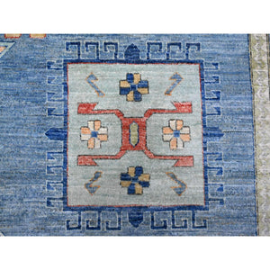 9'x12' Turquoise Blue, Soft and Shiny Wool, Fine Peshawar All Over Geometric Design With Central Medallion, Vegetable Dyes, Hand Knotted, Oriental Rug FWR538230