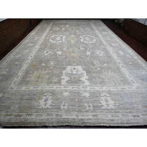 14'x23'3" Mocha Brown, 100% Wool, Afghan Angora Oushak With Large Leaf Design, Vegetable Dyes, Hand Knotted, Oversized, Oriental Rug FWR538440