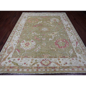8'1"x9'7" Amber Green, Afghan Angora Oushak With Large Leaf Design, 100% Wool, Veggie Dyes, Hand Knotted, Oriental Rug FWR538602