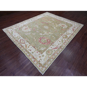 8'1"x9'7" Amber Green, Afghan Angora Oushak With Large Leaf Design, 100% Wool, Veggie Dyes, Hand Knotted, Oriental Rug FWR538602