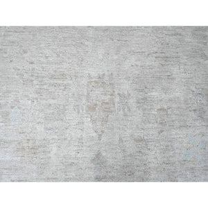 7'8"x14'10" Cloud Gray, Hand Knotted, Afghan Angora Oushak with Faded Leaf Design, Natural Dyes, 100% Wool, Gallery Size, Wide Runner, Oriental Rug FWR538608