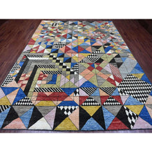 Load image into Gallery viewer, 8&#39;10&quot;x11&#39;9&quot; Charcoal Black, Bauhaus Inspired Design, Colorful Geometric Pattern, Arts and Crafts, Hand Knotted, 100% Wool, Oriental Rug FWR538626