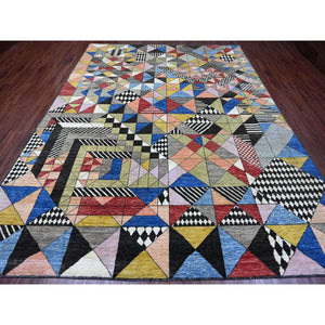 8'10"x11'9" Charcoal Black, Bauhaus Inspired Design, Colorful Geometric Pattern, Arts and Crafts, Hand Knotted, 100% Wool, Oriental Rug FWR538626