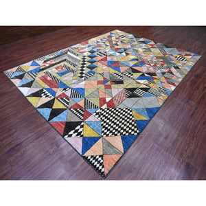 8'10"x11'9" Charcoal Black, Bauhaus Inspired Design, Colorful Geometric Pattern, Arts and Crafts, Hand Knotted, 100% Wool, Oriental Rug FWR538626