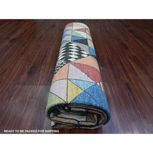 8'10"x11'9" Charcoal Black, Bauhaus Inspired Design, Colorful Geometric Pattern, Arts and Crafts, Hand Knotted, 100% Wool, Oriental Rug FWR538626