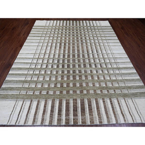 8'x9'9" Dark Vanilla Brown, Bauhaus Inspired Criss Cross Line Design, Hand Knotted, Soft and Velvety Wool, Oriental Rug FWR538638