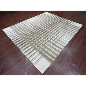 8'x9'9" Dark Vanilla Brown, Bauhaus Inspired Criss Cross Line Design, Hand Knotted, Soft and Velvety Wool, Oriental Rug FWR538638