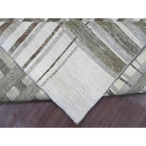 8'x9'9" Dark Vanilla Brown, Bauhaus Inspired Criss Cross Line Design, Hand Knotted, Soft and Velvety Wool, Oriental Rug FWR538638
