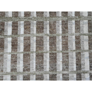 8'x9'9" Dark Vanilla Brown, Bauhaus Inspired Criss Cross Line Design, Hand Knotted, Soft and Velvety Wool, Oriental Rug FWR538638