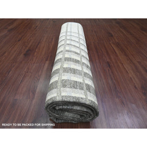 8'x9'9" Dark Vanilla Brown, Bauhaus Inspired Criss Cross Line Design, Hand Knotted, Soft and Velvety Wool, Oriental Rug FWR538638