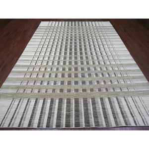 8'8"x11'8" Beaver Brown, Bauhaus Inspired Criss Cross Line Design, Hand Knotted, 100% Wool, Oriental Rug FWR538644