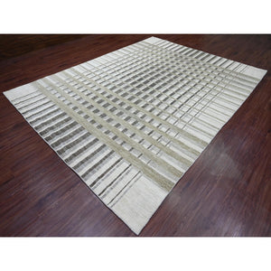 8'8"x11'8" Beaver Brown, Bauhaus Inspired Criss Cross Line Design, Hand Knotted, 100% Wool, Oriental Rug FWR538644