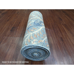 2'7"x25'8" Ruddy Blue, Hand Knotted, Afghan Peshawar with Birds of Paradise Design, Natural Dyes, 100% Soft Wool, XL Runner, Oriental Rug FWR538764