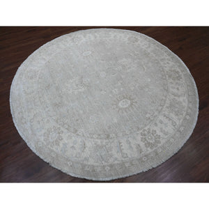8'x8' Misty Gray, Washed Out Ziegler Mahal Revival with All Over Pattern, Hand Knotted, 100% Wool, Round, Oriental Rug FWR538770