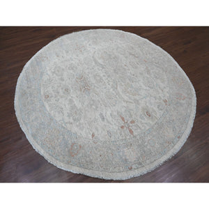 7'9"x7'9" Cascading White, Washed Out Peshawar with Heriz All Over Design, High Mountain Wool, Densely Woven, Hand Knotted, Round, Oriental Rug FWR538776