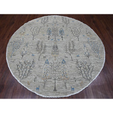 Load image into Gallery viewer, 8&#39;x8&#39; Oyster Gray with Soft Colors, Peshawar, Willow and Cypress Tree Design, Hand Knotted, Densely Woven, 100% Wool, Round, Oriental Rug FWR538782
