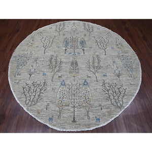 8'x8' Oyster Gray with Soft Colors, Peshawar, Willow and Cypress Tree Design, Hand Knotted, Densely Woven, 100% Wool, Round, Oriental Rug FWR538782