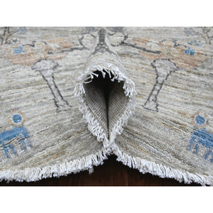 8'x8' Oyster Gray with Soft Colors, Peshawar, Willow and Cypress Tree Design, Hand Knotted, Densely Woven, 100% Wool, Round, Oriental Rug FWR538782