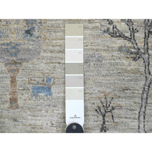 8'x8' Oyster Gray with Soft Colors, Peshawar, Willow and Cypress Tree Design, Hand Knotted, Densely Woven, 100% Wool, Round, Oriental Rug FWR538782