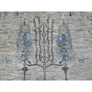 8'x8' Oyster Gray with Soft Colors, Peshawar, Willow and Cypress Tree Design, Hand Knotted, Densely Woven, 100% Wool, Round, Oriental Rug FWR538782