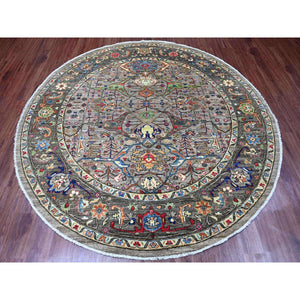 8'x8' Spanish Gray, Peshawar with Bijar Garus Design, Aryana Grade, Vegetable Dyes, Hand Knotted, Densely Woven, High Mountain Wool, Round, Oriental Rug FWR538872