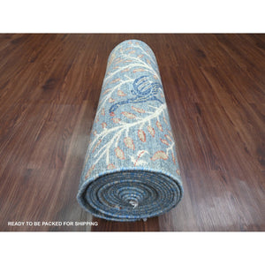 2'6"x25'7" Carolina Blue, Afghan Peshawar with Birds of Paradise Design, Hand Knotted, Vegetable Dyes, Soft Wool, XL Runner, Oriental Rug FWR538938