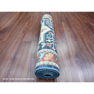 2'5"x6' Yale Blue, Afghan Peshawar with Caucasian Akstafa Design, Aryana Collection, High Mountain Wool, Hand Knotted, Runner, Oriental Rug FWR538992