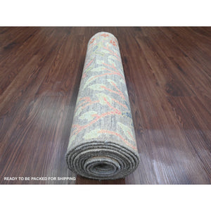 2'7"x11'8" Mink Gray, Afghan Peshawar with Birds of Paradise Design, Soft Wool, Natural Dyes, Hand Knotted, Runner, Oriental Rug FWR539034