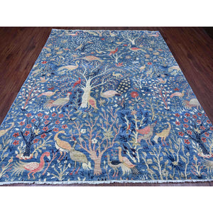 8'2"x9'8" Imperial Blue, Afghan Peshawar with Birds of Paradise Design, Soft and Shiny Wool, Natural Dyes, Hand Knotted, Oriental Rug FWR539082
