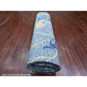 8'2"x9'8" Imperial Blue, Afghan Peshawar with Birds of Paradise Design, Soft and Shiny Wool, Natural Dyes, Hand Knotted, Oriental Rug FWR539082