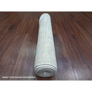 2'10"x10' Pearl White, Afghan Angora Oushak with Cypress Tree Design, Veggie Dyes, Pure Wool, Hand Knotted, Runner, Oriental Rug FWR539268