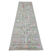 Load image into Gallery viewer, 2&#39;9&quot;x9&#39;10&quot; Sage Green, Afghan Angora Oushak with Colorful Cypress and Willow Tree Design, Natural Dyes, 100% Wool, Hand Knotted, Runner, Oriental Rug FWR539286