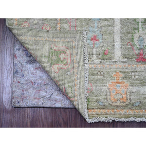 2'9"x9'10" Sage Green, Afghan Angora Oushak with Colorful Cypress and Willow Tree Design, Natural Dyes, 100% Wool, Hand Knotted, Runner, Oriental Rug FWR539286