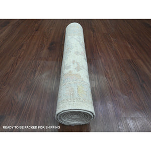 2'8"x8'9" Pearl White, Hand Knotted, Afghan Angora Oushak With All Over Leaf Design, Vegetable Dyes, 100% Wool, Runner, Oriental Rug FWR539322