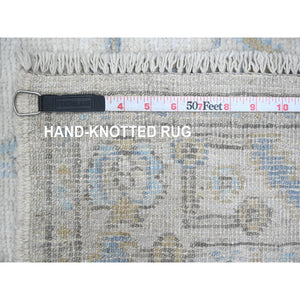 2'8"x13'6" Pearl White, 100% Wool, Hand Knotted, Afghan Angora Oushak with Geometric Leaf Design, Veggie Dyes, Runner, Oriental Rug FWR539352