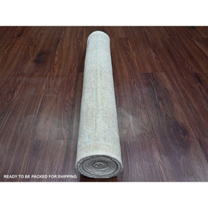2'9"x7'7" Daisy White, Afghan Angora Oushak With Large Leaf Design, Vegetable Dyes, Hand Knotted, 100% Wool, Runner, Oriental Rug FWR539358