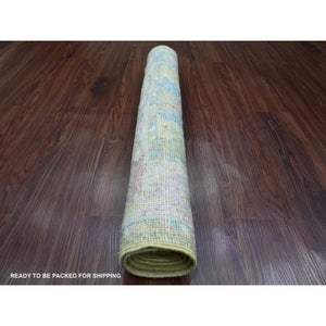 2'10"x5'8" Olive Green, Afghan Angora Oushak With Large Leaf Design, Natural Dyes, 100% Wool, Hand Knotted, Short Runner, Oriental Rug FWR539376