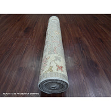 Load image into Gallery viewer, 3&#39;x10&#39; Medium Gray, Afghan Angora Oushak With Geometric Leaf Design, Hand Knotted, Vegetable Dyes, Pure Wool, Runner, Oriental Rug FWR539394