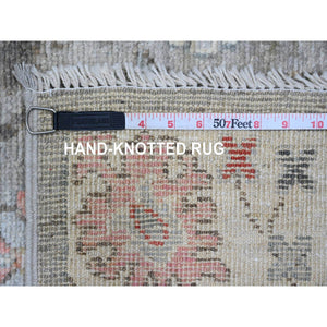 3'x10' Medium Gray, Afghan Angora Oushak With Geometric Leaf Design, Hand Knotted, Vegetable Dyes, Pure Wool, Runner, Oriental Rug FWR539394