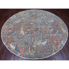 Load image into Gallery viewer, 9&#39;9&quot;x9&#39;9&quot; Spanish Gray, Afghan Peshawar with Birds of Paradise Design, Hand Knotted, 100% Wool, Natural Dyes, Round, Oriental Rug FWR539448