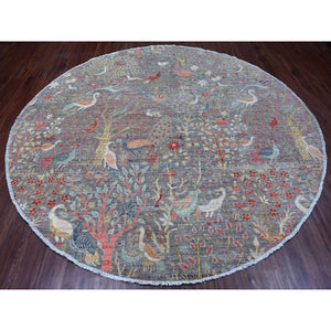 9'9"x9'9" Spanish Gray, Afghan Peshawar with Birds of Paradise Design, Hand Knotted, 100% Wool, Natural Dyes, Round, Oriental Rug FWR539448