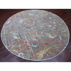 9'9"x9'9" Spanish Gray, Afghan Peshawar with Birds of Paradise Design, Hand Knotted, 100% Wool, Natural Dyes, Round, Oriental Rug FWR539448
